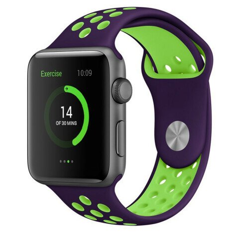 Curea iUni compatibila cu Apple Watch 1/2/3/4/5/6/7, 38mm, Silicon Sport, Purple/Green