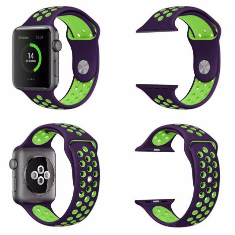 Curea iUni compatibila cu Apple Watch 1/2/3/4/5/6/7, 38mm, Silicon Sport, Purple/Green